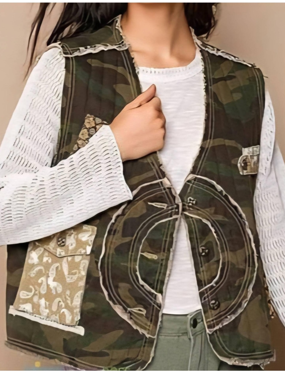 POL sweetheart Camo Patchwork Vest - Green & Pink
